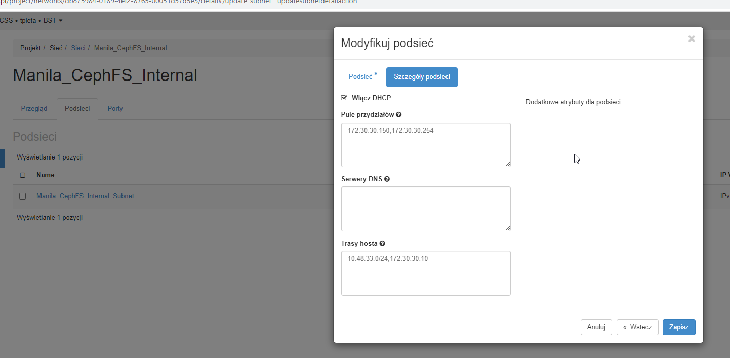 Modyfikacja podsieci CephFS